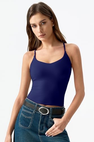 Image of QINSEN Womens Cross Back Tank Top V Neck Double Lined Camisole Top Sleeveless Spaghetti Strap Going Out Tops
