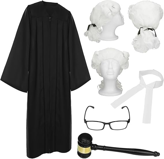 Malloom Lot de 5 costumes de juge avec perruque, marteau, lunettes, col et robe de juge noire pour Halloween, cosplay, procès fictifs et fêtes déguisées
