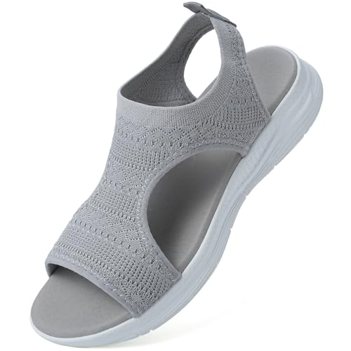VTASQ Sandalias Mujer Verano cómodas sandalias ortopédicas para deportes transpirables sandalias de punto sandalias de punto de malla suela suave Gris 38EU