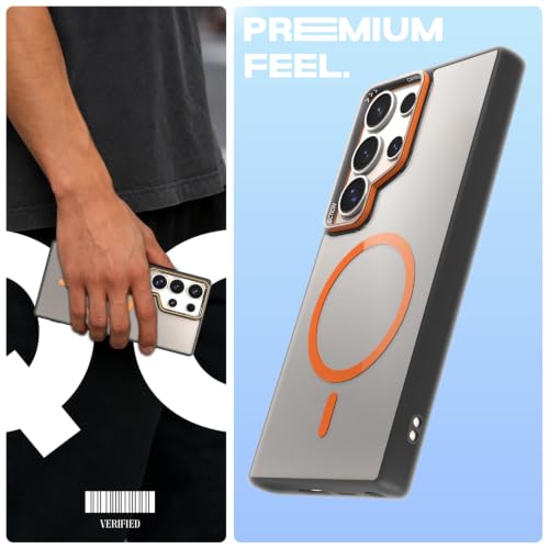 Image of Pikkme Back Cover for Samsung Galaxy S24 Ultra 5G | Shockproof | Mag-Safe Compatible | Hard Transparent Back | Premium Raised Camera Protection | Bumper Case (Black & Orange Mag-Safe)
