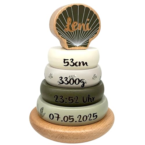 Mainely Personalizable Torre apilable de Madera Olive – fomenta la motricidad Fina & la coordinación – para niños a Partir de 12 Meses – con Nombre y Datos de Nacimiento – Label Label