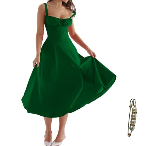 Image of Floral Corset Midi Dress Square Neck A Line Dress with Slit | Square neck floral midi dress with front tie bust wide straps A-line skirt side slit and lightweight fabric