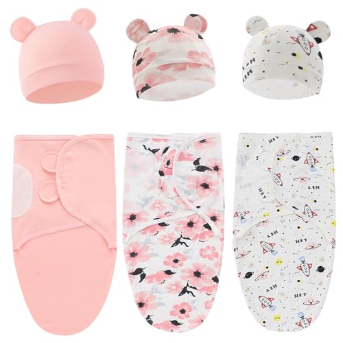 Image of Exemaba Baby Swaddle Sleep Sack with Hat Set for 0-3 months 3-Pack Soft Cotton Newborn Wearable Swaddle Wrap for Girls Boys