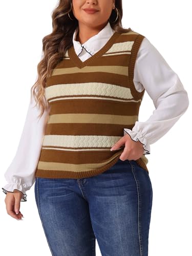 Image of Agnes Orinda Plus Size Sweaters for Women Sleeveless V Neck Striped Knit Casual Pullover Sweater Vests