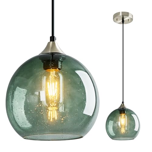 Image of Gray Green Glass Pendant Lights Kitchen Island Lighting Globe Pendant Light Fixtures Modern Pendant Lighting for Kitchen Island Bedroom Living Dining Room Light Fixture(7.87in, 1-Pack)