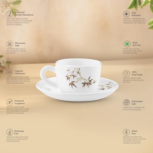 Image of Treo By Milton Opalware Ophelia 13 Arashi Cup & Saucer Set | Microwave & Dishwasher Safe | Bone-Ash Free | Tempered Toughness | Set of 12 | White | Crockery Set for Daily Use & Gifting