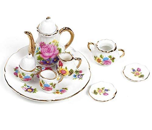 Eatingbiting Collection Level 1:12 Elegant Flora Miniature Mini House Porcelain Tea Dish, Teapot, Cup, Plate Craft Set, Diy Scene Home Furniture Accessories #TOP4