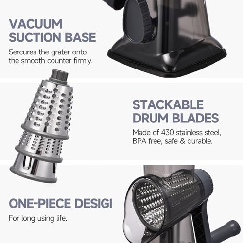 Image of Rotary Cheese Grater with Handle Kitchen Shredder Slicer Grater Slicer Ice Shaver Cheese Vegetable Nuts Potato Zucchini Chocolate 3 Interchangeable Blades (Grey TSP)