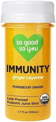 So Good So You Organic Immunity Shot, Ginger Cayenne, Cold-Pressed, Contains Probiotic, Non GMO, 1.7 Fluid Ounces (Pack of 12)