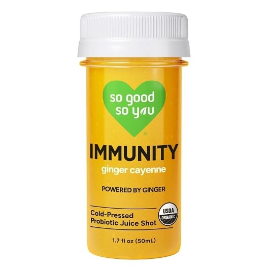 So Good So You Organic Immunity Shot, Ginger Cayenne, Cold-Pressed, Contains Probiotic, Non GMO, 1.7...