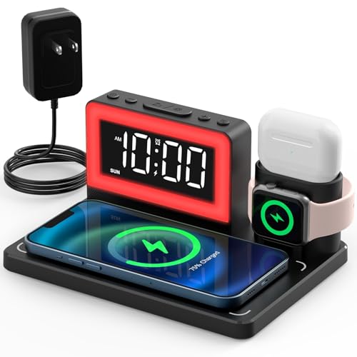 Wireless Charging Station with Alarm Clock and Night Light,6 in 1 Wireless Charger,Wireless Charging Stand
