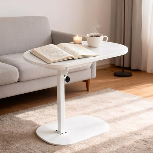 MYKAGS C Shaped End Table, Side Table for Sofa, End Table for Living Room, Adjustable Height TV Tray, Swivel Couch Side Table That Slides Under (White)
