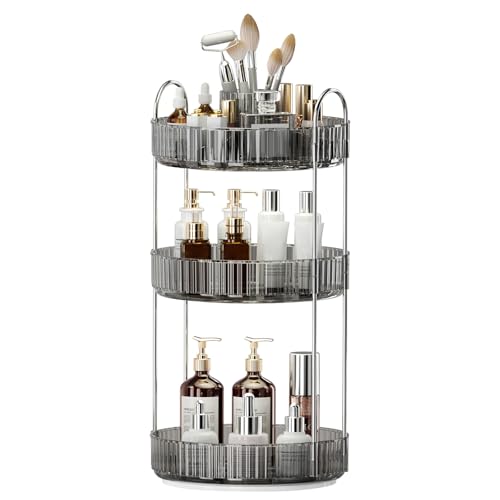 Image of 360 Rotating Makeup Organizer, Upgraded 3 Tier Skincare Perfume Organizers for Women, Bathroom Organizer Countertop, Clear Cosmetic Dresser Organizer with Makeup Brush Holder, Sink&Counter(Grey)