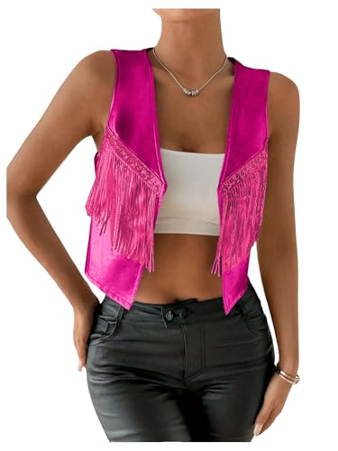 MakeMeChic Women's Metallic Sequin Fringe Vest Blazer Open Front Sleeveless Crop Y2K Coat Outerwear