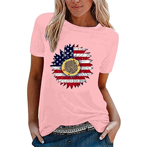 Camiseta feminina com bandeira americana 4 de julho, blusa casual independente com estampa de girass