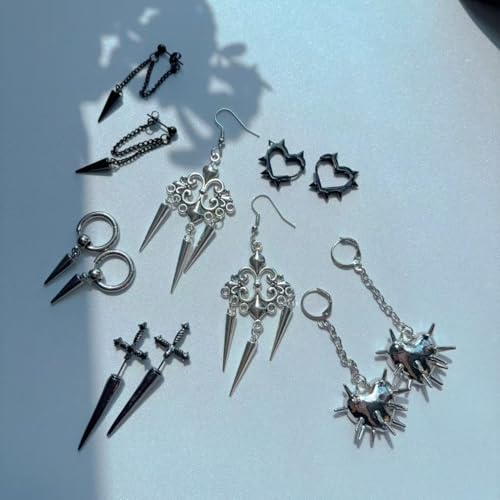 Goth Earrings Set Y2K Heart Spike Black Gothic Emo Sword Rock Punk Chain Dangle Halloween Earrings for Women Men 6 Pairs4