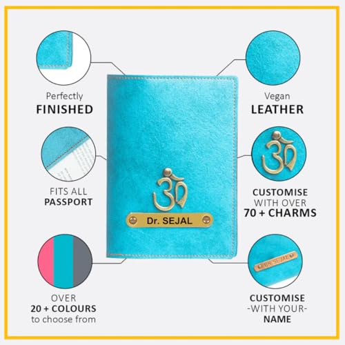 Image of ncgifts Customised Leather Passport Holder: Personalised Name & Charm for Men & Women - Unique Travel Gift, Document Organiser, Boarding Pass Holder, Customised Gifts for Men & Women (Sky Blue)
