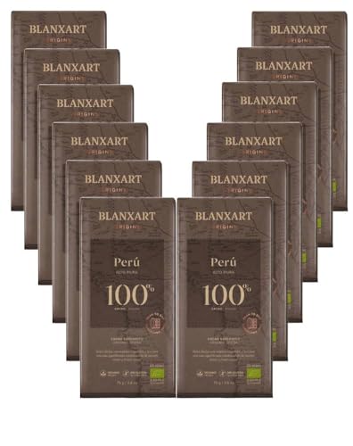 Pack 12x Chocolate Negro Perú 100% Bio 75g | Blanxar | Tabletas de Chocolate Ecológico | Sin Azúcar Añadido | Apto para Veganos