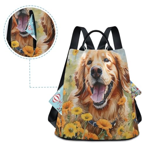 Image of ALAZA Cute Golden Retriever in Flower Field Trips Hiking Camping Rucksack Pack for Women