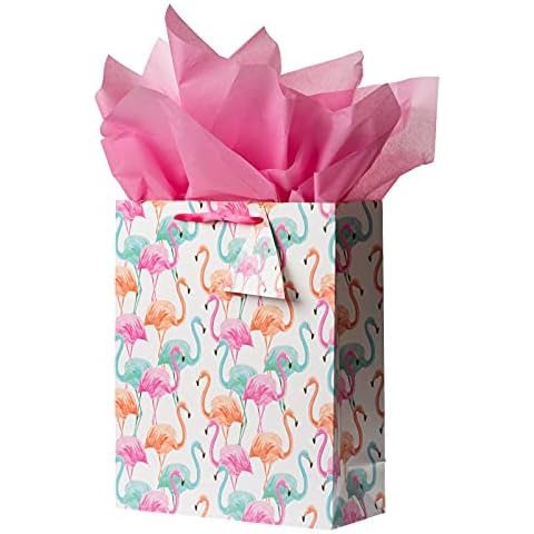 Bobobag 13" Large Gift Bag with Tissue Paper for Birthday gift bags, Wedding bags,Retail bag (Flamingo) Cover