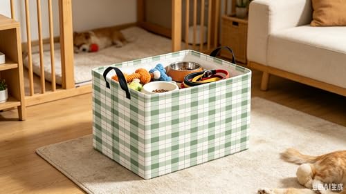Image of CLOCOR Rectangular Storage Bin,Waterproof Books Box,Gift Basket(Green Grid)
