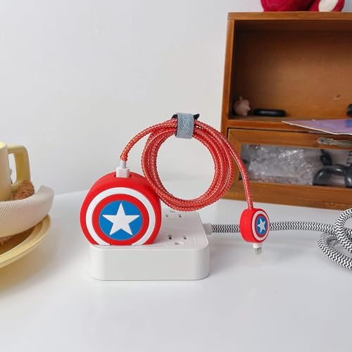 Image of Cartoon 3D Design Protective Case Compatible with Apple 18W - 20W USB-C Power Adapter Charger, Protective Cover for iPhone 18W & 20W Power Adapter Charger with Wire Saver. (Captain Shield)