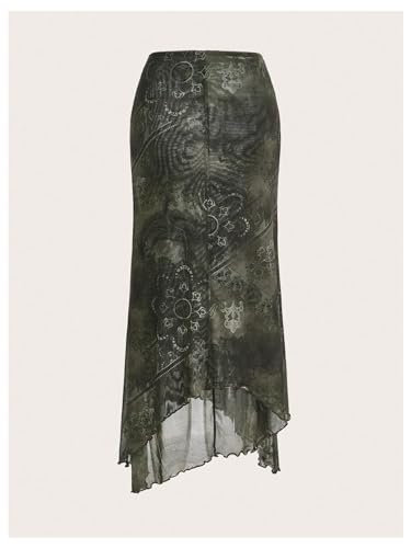 Women's Floral Print Lettuce Trim Fishtail Hem Midi Skirt2