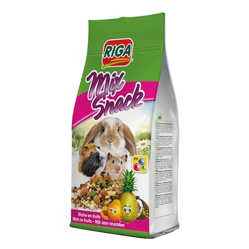 Riga – Mezcla de Aperitivos de Frutas – Alimento complementario para roedores – Conejos, Conejas, Octodones, Chinchillas – Rica en Fibras y vitaminas – Recompensa Natural Ideal – 85 G