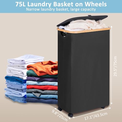 Image of efluky Slim Laundry Basket with Wheels, Narrow Rolling Laundry Hamper with Lid and Removable Bag, Aesthetic Dirty Clothes Hamper on Wheels for Laundry Room, Bedroom, Dorm and Bathroom, 75L Dark Black