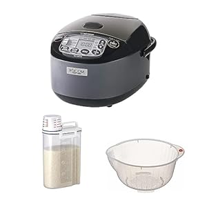 Zojirushi NL-GAC10BM 5.5 Cup (Uncooked) Umami Micom Rice Cooker and Warmer (Metallic Black) Bundle with Rice Container Bin and 9.5-Inch Rice Washing Bowl (3 Items)