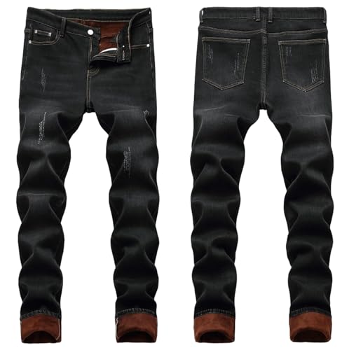 qcdyrxf Mens Fleece Lined Pant Winter Warm Skinny Slim Fit Stretch Jeans Z-Black