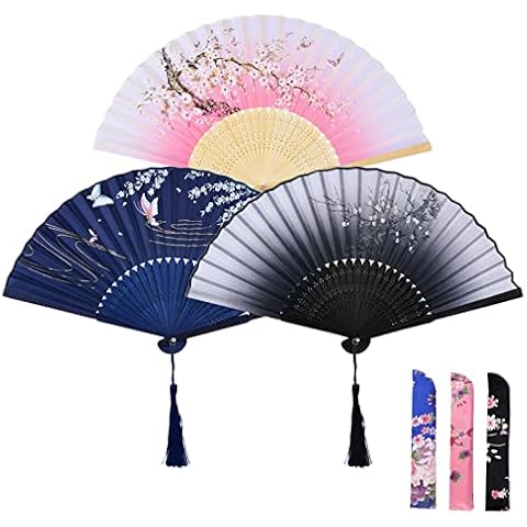 Aniyoo Folding Fans 3Pcs Handheld Fans Bamboo Fans with Tassel for Dancing Cosplay Wedding Party Props Decoration Gifts,Blue Butterfly Pattern,Pink Plum Blossom and Black Gradient Cover