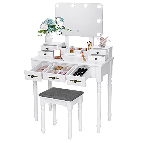 BEWISHOME Vanity Set with Lighted Mirror, Makeup Vanity with Lights, 8 LED Bulbs with 3 Colors Setting & Dimming Touch Screen Switch, Vanity Desk with 7 Drawers & Stool, White Vanity Table FST13W