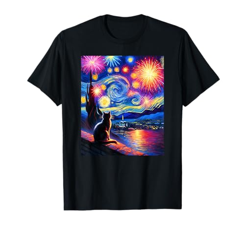 Girl Boy Cat Lover July 4th Van Gogh Starry Night Fireworks T-Shirt