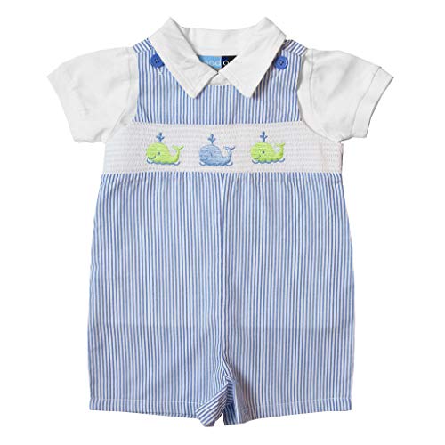 Good Lad Newborn/Infant Boys Blue Seersucker Smocked Shortall Set with Whale Embroderies