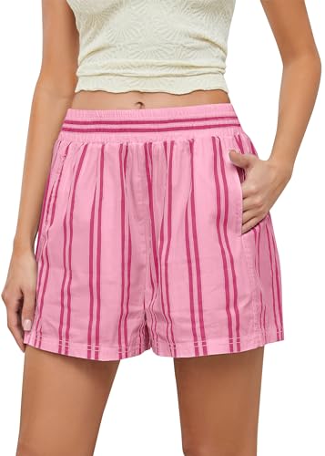 Image of MISSACTIVER Women Striped Boxer Shorts Elastic High Rise Pajama Bottoms Casual Lounge Shorts with Pockets Sleepwear