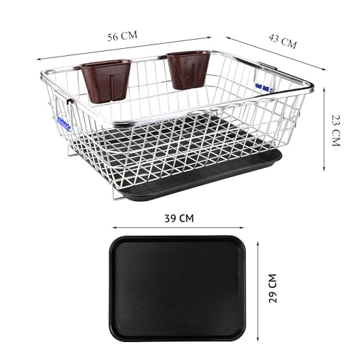 Image of Extra Large Stainless Steel Dish Drying Rack 60x47x23 cm - Heavy Duty Kitchen Countertop Utensil Stand with Detachable Drip Tray, Rust Proof Plate Bowl Drainer Basket