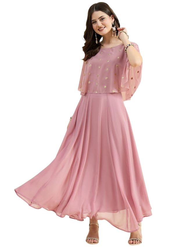 PANIT Rose Gold Embroidered Maxi Dress Cold Shoulder Flowy Skirt Rose Gold (UAE/KSA Alpha M Regular Regular)