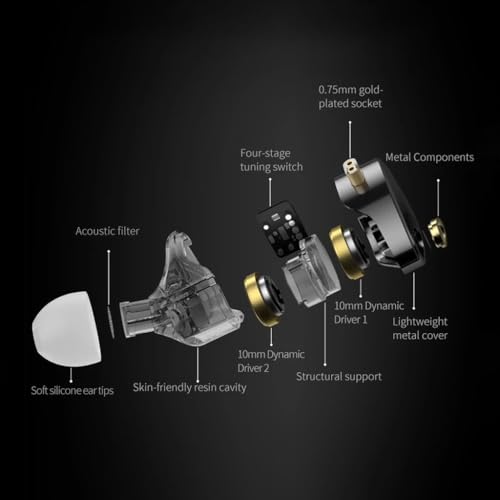 Image of KZ Castor Pro IEM with HD Mic, Dual 10mm Dynamic Driver, Harman Target Improved Bass for Hi-Res Audio Quality, 4 Tuning Switch, Oxygen Free Copper Flat Cable, 0.78mm 2Pin & 3.5mm Plug Compatible