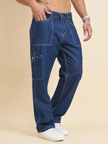 Image of STUDIO NEXX Men's Baggy fit Denim Cargo Pants |Non Stretchable| Wide Leg Jeans| Cargo Jeans|Baggy Cargos for Men