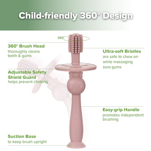 Image of haakaa 360 Baby Toothbrush with Suction Base - Blush | Gentle Cleaning for Infants, Gum Massage, BPA-Free, Food-Grade Silicone, Adjustable Safety Shield, Safe for Babies 6 Months+