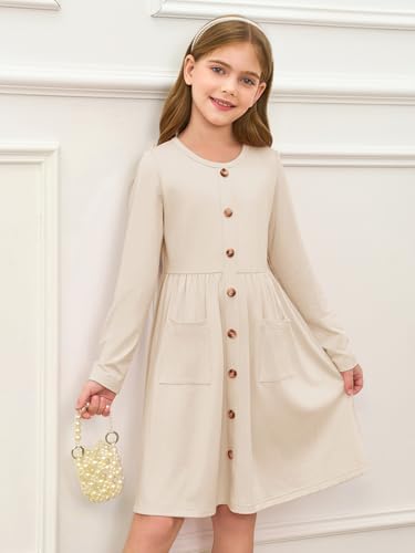 Girls Dresses Kids Button Down Midi Long Sleeve Casual A Line Dress with Pockets 4-14 Years2