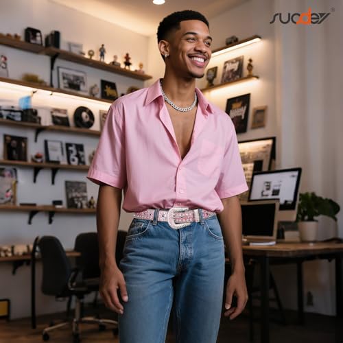 Image of Women Fashion Rhinestone Belt SUOSDEY Western Cowgirl Bling Studded Design Leather Diamond Belt for Jeans Dress, 07-pink(silver Buckle), S：fits pants size 28''-32''