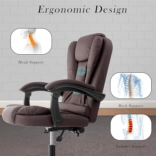 Image of Italia Premium Leatherette Office Chair for Work | Boss Chair, Ergonomic Executive, Luxurious Cushioned Arms & Seat, 2 Point Back Massager, Heavy Duty Metal Base (Brown)