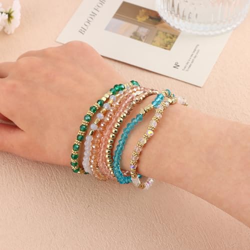Wainis 28Pcs Delicate Boho Beaded Bracelet Multi Layer Versatile Statement Bracelets Stackable Stretch Cuff Sparkly Glass Crystal Beads Bracelets thumb #6