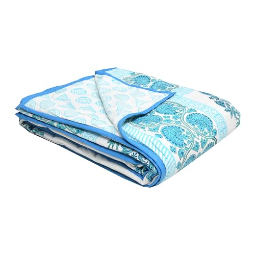 Image of BLOCKS OF INDIA 100% Cotton Dohar King Size Reversible Hand Block Printed Malmal Summer Dohar /Blanket (Blue Kairi)