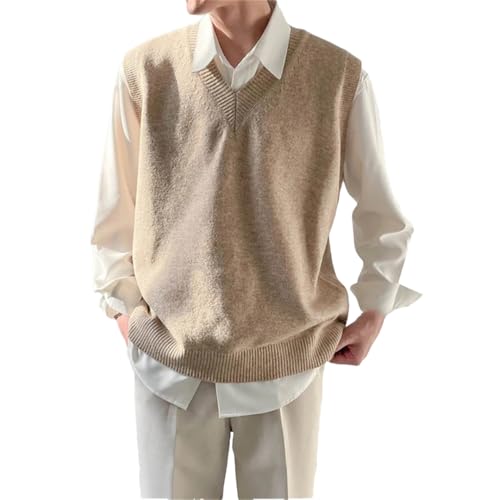 Men's Spring Knit Vest Sweater V Neck Sleeveless Loose Vintage Solid Color Vest