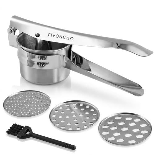 GIVONCHO 14 oz Stainless Steel Potato Ricer with 3 Changeable Discs & Cleaning Brush, Heavy-Duty Masher, Dishwasher Safe for Potatoes, Vegetables & Baby Food