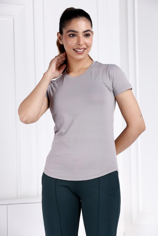 Image of Mlada Luxury Athleisure T Shirt Polyester Stretch Knit T-Shirt Full Length Moisture Wicking, Breathability, Compression for Gym, Workout and On-The-Move for Women