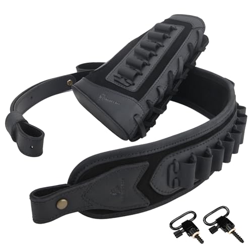 Real Leather Rifles Shell Holder Buttstock wtih Rifle Sling Straps for .308 .30-06, .45-70 410Mag (Black Set with Swivels)